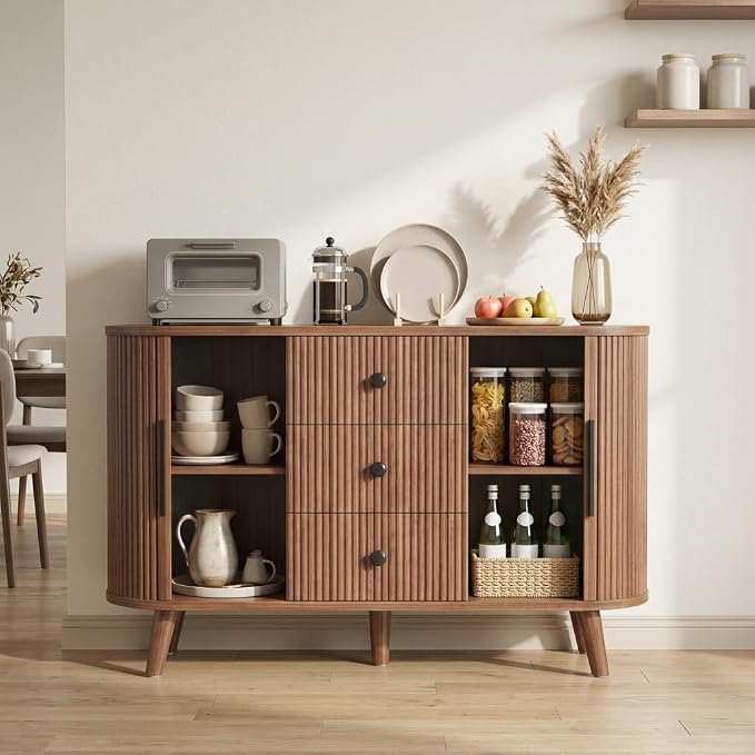 47.2" Mid-Century Modern Fluted Sideboard Buffet Cabinet with Tambour Sliding Doors, 3 Drawers & Adjustable Shelves, Walnut Storage Credenza Console for Living Room, Entryway (Walnut brown)