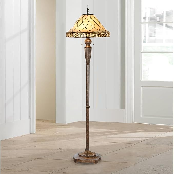 FL0002 Tiffany Floor Lamp Stained Glass Lampshade Beige-Like Color with Geometric Pattern, Warm Glow & Elegant Design, Antique Finished Lampbase, W 18 X H 62.5 Inches, LED Bulbs Included