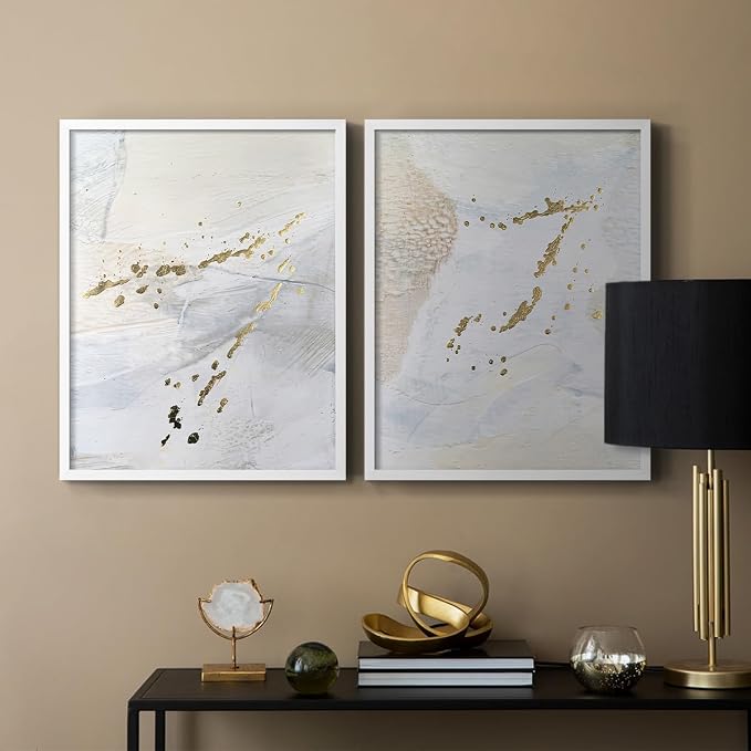 Renditions Gallery Set of 2 Peel & Stick Framed Prints, Modern Abstract Wall Art, Gold Sprinkle Oil Painting Wall Decor, Re-Stickable - Ready to Hang - 16"x20" - White Frame LT588
