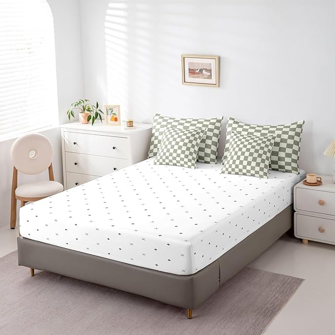 Erosebridal Plaid Twin Comforter Set 7 Piece Beige Sage Green Checkerboard Bed in A Bag with Sheets Geometric Checkered Bedding Set for Kids Boys Girls,Aesthetic Grid Bed Set