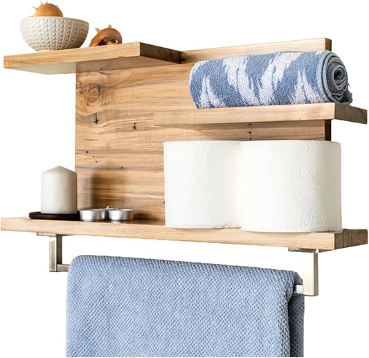 Straga Rustic Wall Mounted Bathroom Shelves - 23" Hardwood Shelf Organizers with 18" Towels Holder - A Modern Addition To Your Bathroom, Powder Room, Guest Bathroom and More (Wormy Maple)