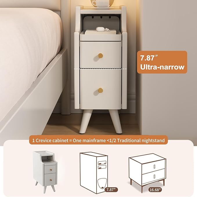 AQIMUELE Small Nightstand with Drawers, Solid Wood Narrow Bedside Table, Narrow Nightstand for Bedroom | with Drawers, Bedside Table, for Bedroom