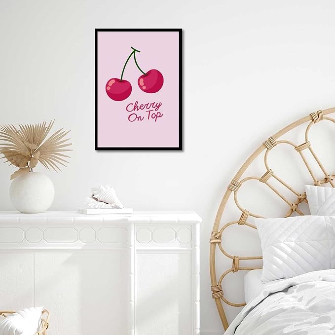 "Cherry On Top" Playful Cursive Font Canvas Wall Art Retro Inspired Style Posters Pink Aesthetic Prints Sweet And Cheerful Vibe Wall Decor For Living Room Bedroom Dorm Decor 24x36in Wframed