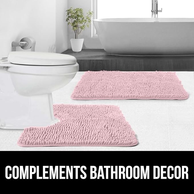 GORILLA GRIP Plush Absorbent Shaggy Chenille Bath Rug Mat for Oval Toilet Base with Rubber Backing, Machine Washable Rugs, Soft Microfiber Contour Mats for Toilets, Bathroom Decor, Lt Pink