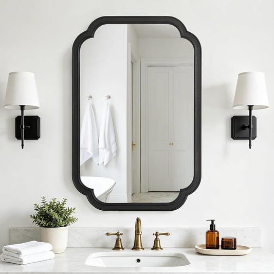 HOMECOOKIN Wood Bathroom Mirror for Wall Decor Arched Rounded Corner Rustic Wood Frame Wall Mirror Home Decorative for Vanity, Living Room, Bedroom, Entryway (20 x 30 inch, Black)