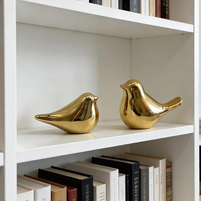 statueBird Statues, Modern Home Decor, Suitable for desks, Bookshelves, bedrooms, Living Rooms, cabinets, and Fireplace Mantel Decorations. Ceramic Animal Statues. (Gold)