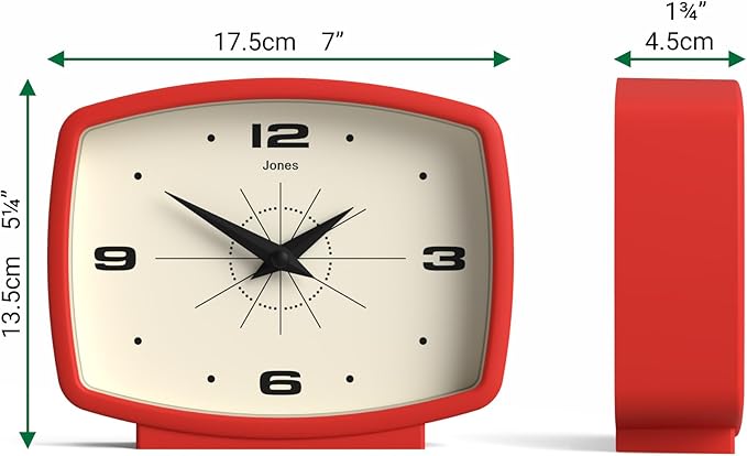 JONES CLOCKS® Film Desk Clock | Retro Rectangular Design | Red | Retro Design, Blending mid Century Style with a Punchy Modern Finish for Shelf, Table, Mantel or Bedside