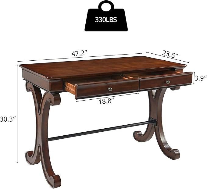 47.2"Large Computer Office Desk Workstation,Modern Simple Style Laptop Desk,Classic Wooden Writing Desk Business Furniture with Storage Drawers,Elegant Scroll Leg Design for Home Office(TABLE ONLY!)