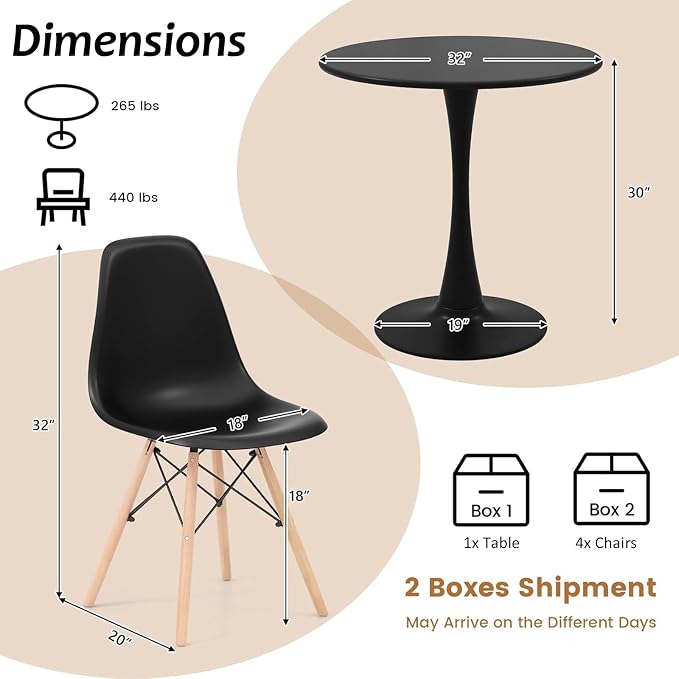 ERGOMASTER 5-Piece Round Dining Table Set for 4, Kitchen Table and Chairs, 32'' Tulip Table & Modern DSW Chair for Home, Small Spaces, Apartments, Black