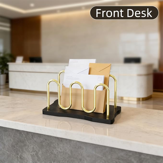 Mail Holder Organizer Countertop, Metal Mail Sorter for Desk, Cutout Mail Storage Bills Organizer Letter Tray Design with Bamboo Base for Home Office (Black)
