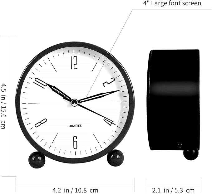 pxy Cute and Safe Alarm Clock for Kids Battery Powered (Battery Include), 4" Analog Super Silent Analog Alarm Clock with Night Light510 Black&White