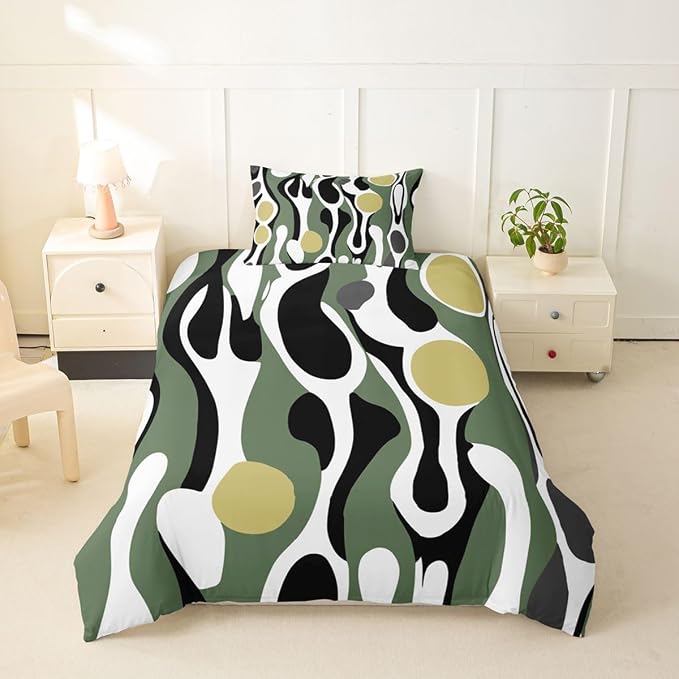 Erosebridal Organic Abstract Duvet Cover Set Modern Contemporary Twin Bedding Sets for Girls Tween Boys Boho Mid Century Wavy Lines Comforter Cover Retro Geometric Bed Set,Olive Green Khaki