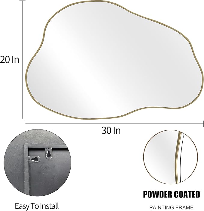 POZINO Gold Irregular Mirror, 30"x20.5" Cloud Shaped Mirrors, Asymmetrical Wall Mirror, Modern Abstract Frameless Mirrors for Living Room Bathroom Bedroom Entryway