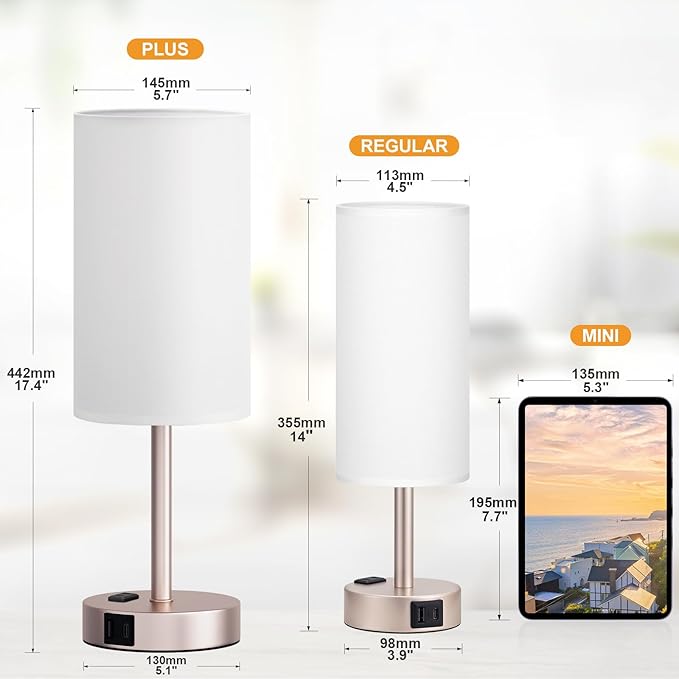 Fenmzee Antique White Bedside Table Lamp for Bedroom - 3 Way Dimmable Touch Lamp USB C Charging Ports and AC Outlet, Small Lamp Gold Base Round Flaxen Fabric Shade for Living Room, Desk