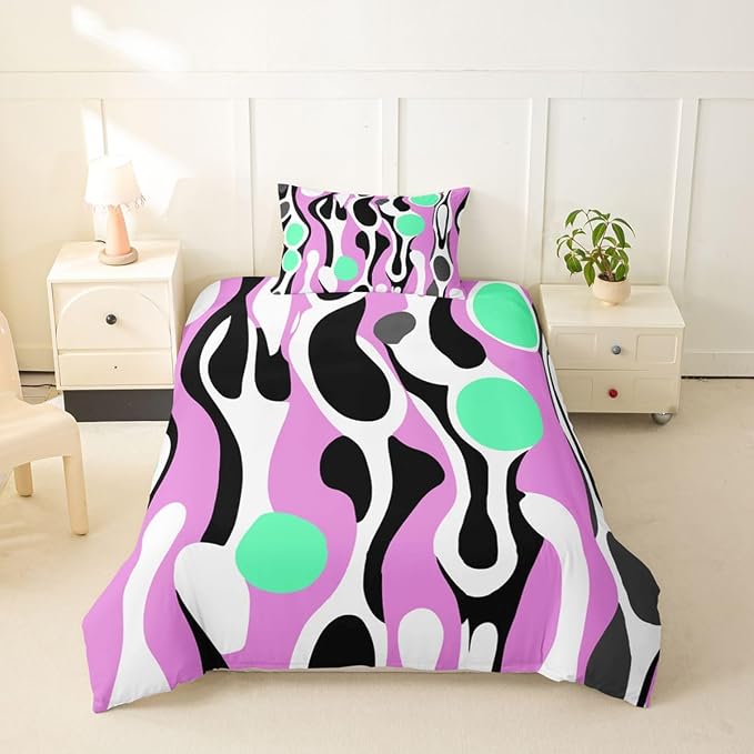 Organic Geometric Duvet Cover Set Modern Abstract Girl Toddler Bedding Set for Kids Teens Child Retro Mid Century Comforter Cover Modern Fluid Art Irregular Circles Bed Sets,Lavender Green