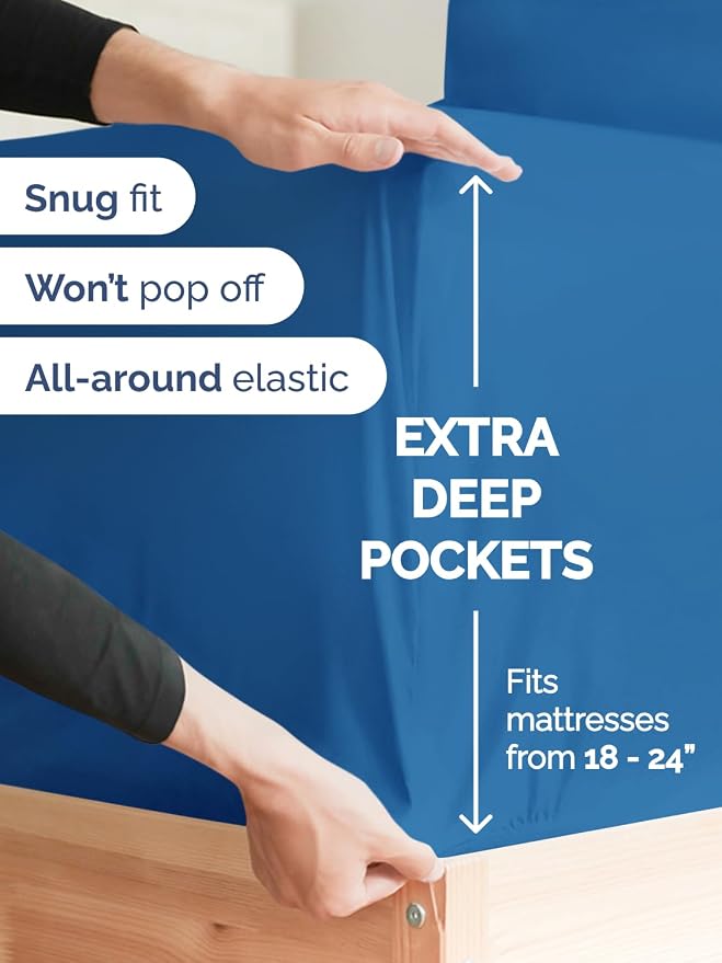 Extra Deep Split King Sheet Set - 7 Piece Breathable and Cooling Sheets - Hotel Luxury Bedding for Women, Men, Kids & Teens - Easy Secure Fit - Soft & Wrinkle Free - Extra Deep Pockets - Royal Blue