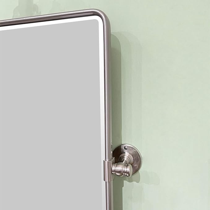 TEHOME Brush Nickel Pivot Rectangle Bathroom Vanity Mirrror Farmhouse Tiltable Rounded Metal Framed Pivoting Bathroom Mirror with Beveled Mirrror, Overall 26.91 x 35 inches (Mirrror 23 x 35 inches)