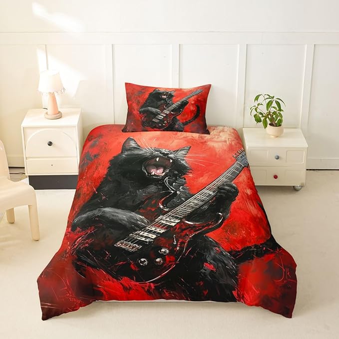 Erosebridal Rock Music Duvet Cover Twin Rock Black Cat Guitar Bedding Set Punk Music Lovers Room Decor Comforter Cover,Trendy Oil Painting Bed Set