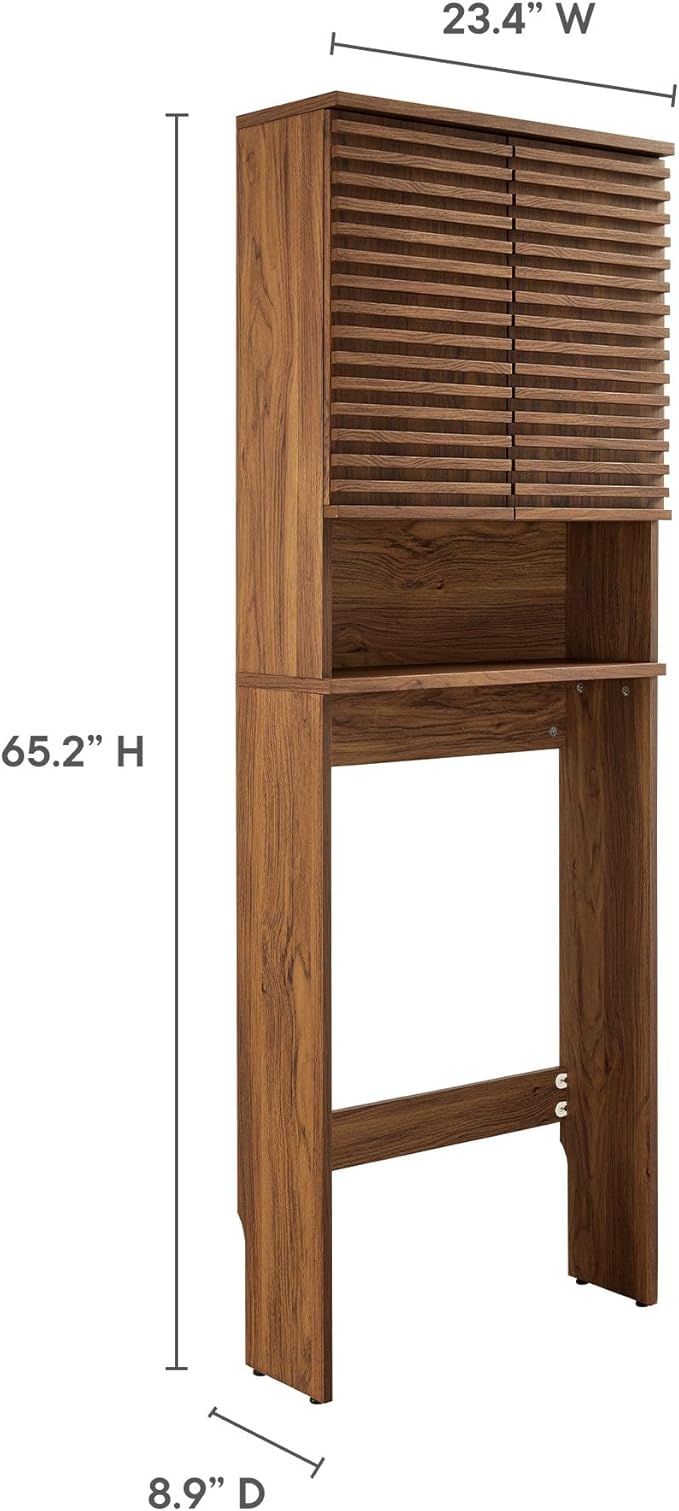 Modway Render Over The Toilet Storage Cabinet in Walnut - Modern Bathroom Organizer with Open Shelf, 2 Soft-Close Doors, Wall Cabinet for Above Toilet Storage - Linen Cabinet with Adjustable Shelves