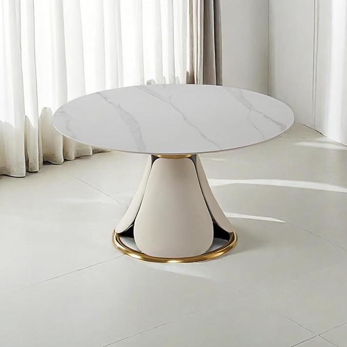 Round Marble Dining Table for 6-8, Multi-Functional Retractable Kitchen and Dining Room Table, Petal Pu Leather & Metal Base (Only Table)