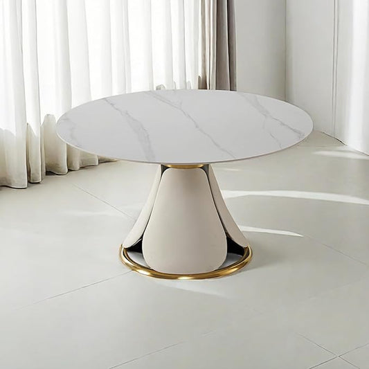 Round Marble Dining Table for 6-8, Multi-Functional Retractable Kitchen and Dining Room Table, Petal Pu Leather & Metal Base (Only Table)