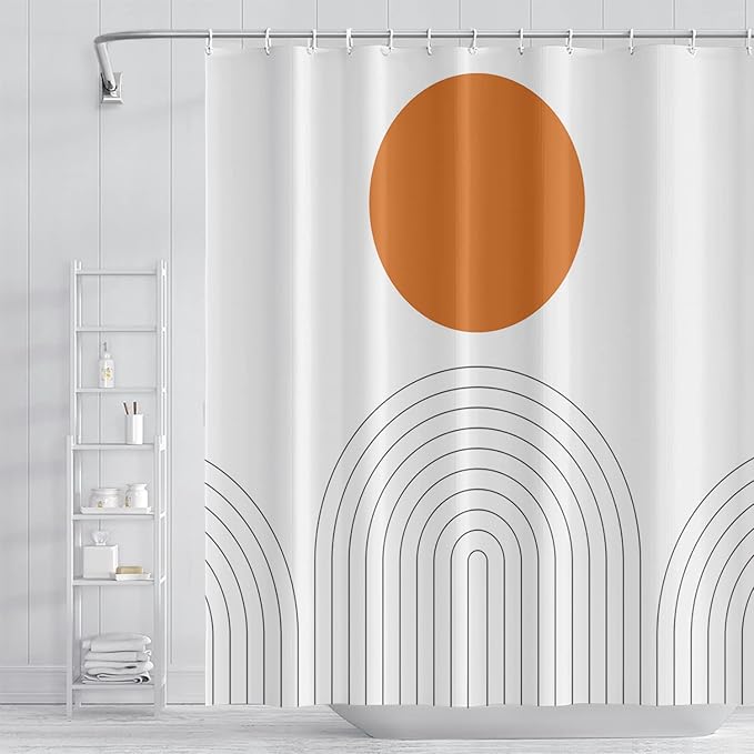 Abstract Mid Century Bohemian Bathroom Shower Curtain - Orange Sun Lines Arch - Waterproof Polyester - Minimalist Home Decor, 72x72 Inch