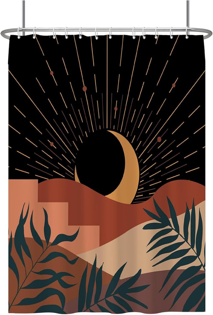 Baocicoo Boho Abstract Moon Shower Curtain - Mid Century Sunset Mountain Design, Minimalist Aesthetic, Waterproof, 72x96 Inches