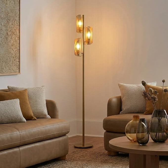 Brightech Lyra LED Tree Floor Lamp for Mid-Century Modern, Contemporary, Industrial Décor, 3 Light Head Standing Lamp with Metal Cage Shade, Standing Pole Tall Lamp for Living Room, Bedroom - Brass