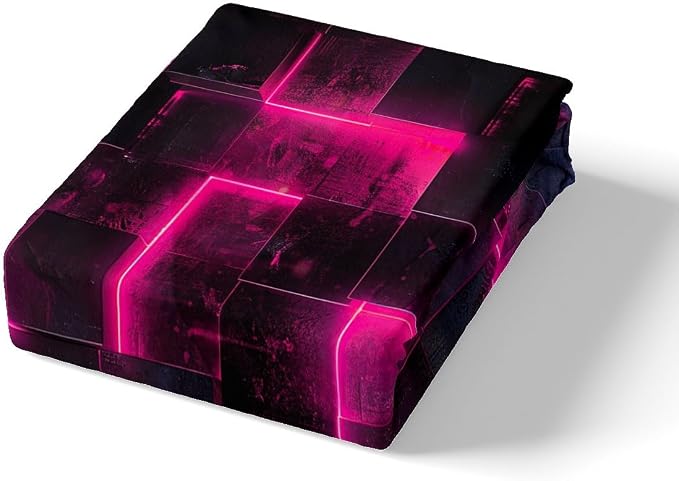 Erosebridal 3D Geometric Bedding Sets Twin Abstract Aesthetic Comforter Cover, Black and Hot Pink Bed Set Glowing Futuristic Cubes Twin Duvet Cover, Neon Grid Quilt Cover 2pcs (Black Reversible)