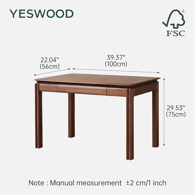 YESWOOD 100% Solid Wood Desk, Mid Century Modern Walnut Color Home Office Desk, Sturdy Computer Desk Writing Desk with 2 Drawers for Study Living Room 39.37" W