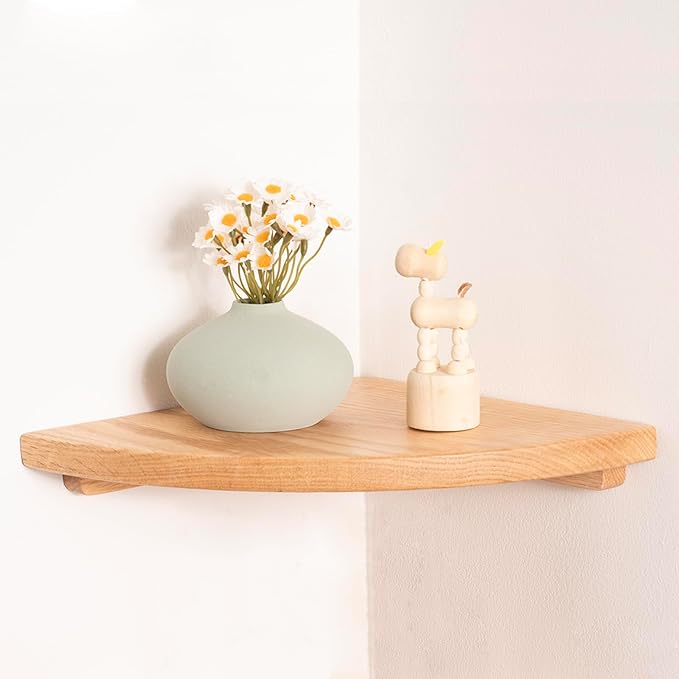Floating Corner Shelves Oak 10", Solid Oak Wall Mounted Wooden Display Storage Rack with Wire Hole for Plants, Photos, Speakers, Bedroom, Kitchen, Living Room Décor - 1-Pack