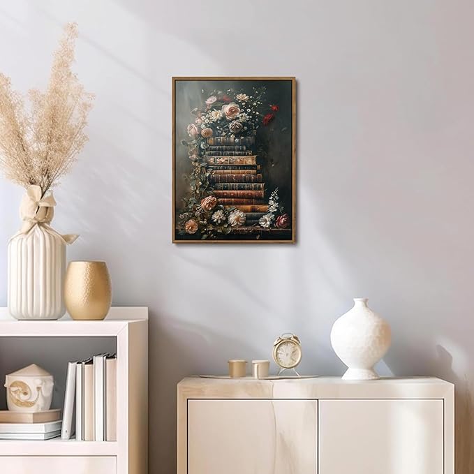 WALLZK Vintage Framed Wall Art Floral Books Canvas Prints Library Antique Literary Retro Decor Botanical Pictures Artwork for Walls Living Room Study Bedroom Bathroom 16"x24"