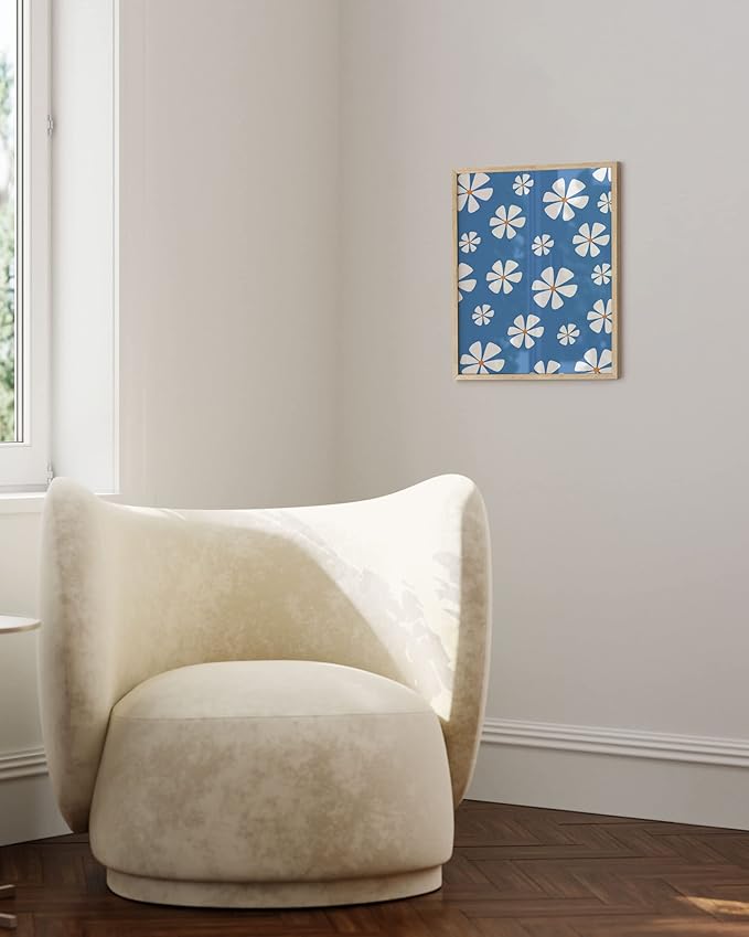 HAUS AND HUES Daisy Wall Art - Blue Floral Print, Aesthetic Flower Painting for Home Decor (Beige Frame, 16x20)