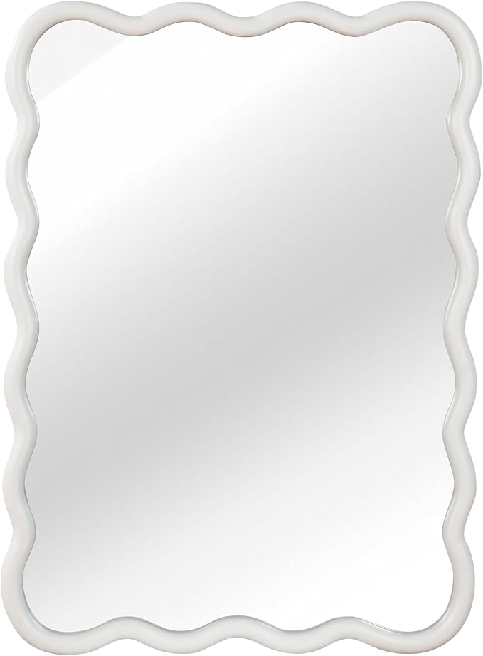 40x30 Inch Wooden Wavy Rectangle Wall Mirror, Modern Solid Wood Frame Decorative Accent Mirror for Bedroom, Bathroom, Living Room, Entryway, White