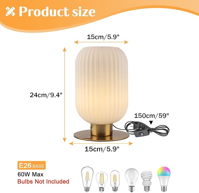 Small Bedside Table Lamp Milk Glass Table Lamp Vintage Gold Nightstand Lamp Mid Century Modern Lamps White Bedside Lamp with Brass Metal Base for Bedroom Living Room Study Office Corner