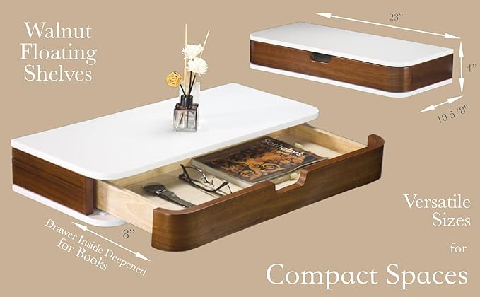 Floating Shelf with Drawer - Floating Drawers for Wall - Wall Shelf with Drawer for Living Room,Office - Walnut Floating Shelves 10 Inches Deep with Pull Out Drawer