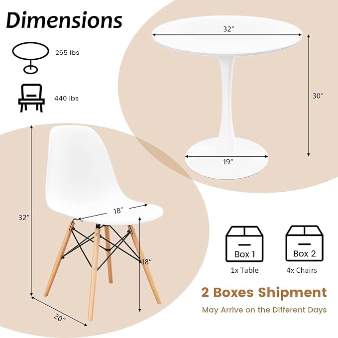 ERGOMASTER 5-Piece Round Dining Table Set for 4, Kitchen Table and Chairs, 32'' Tulip Table & Modern DSW Chair for Home, Small Spaces, Apartments, White