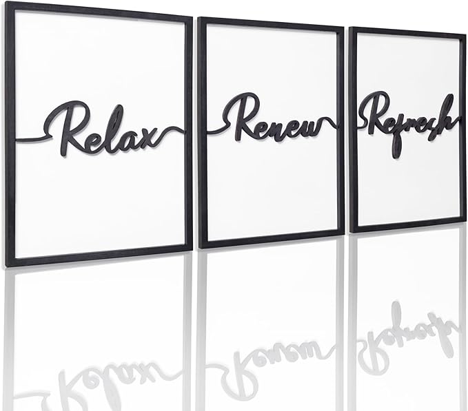 3D Wood Wall Art, 36" x 16" Framed Black and White Decor, 3D Bathroom Pictures for Wall Decor (Ready to Hang, Set of 3, Framed)