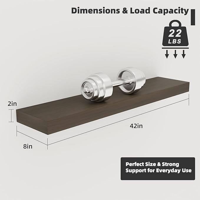 Floating Shelves Board for Wall with Brackets –42" L x 8" W x 2" T Rich Walnut Melamine Wood Floating Shelves for Bathroom, Kitchen & Living Room Set of 2– DIY & Replacement