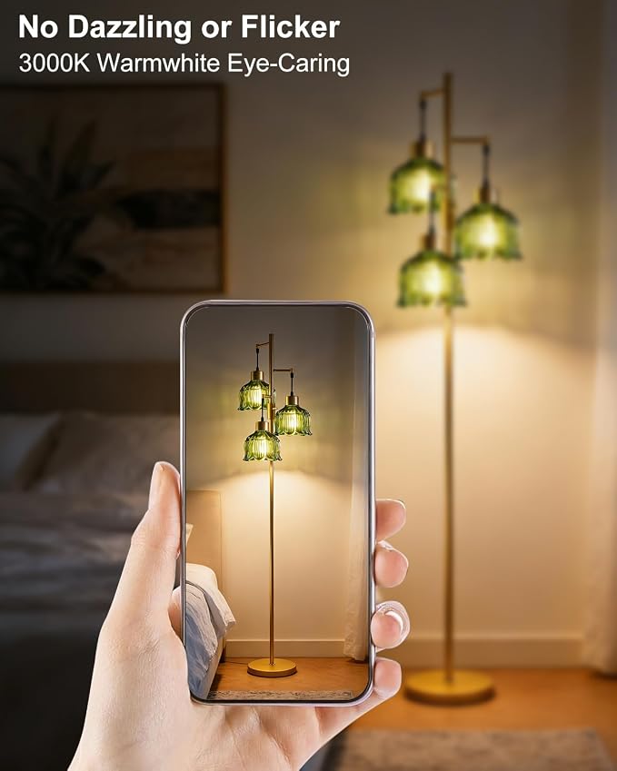 3-Light Modern Glass Floor Lamp, Gold Standing Tall Lamp with Green Vertical Rib Glass Shade for Reading, Dimmable LED Floor Lamp with 5Lbs Heavy Base for Living Room Bedroom Home Decor, Bulb Included
