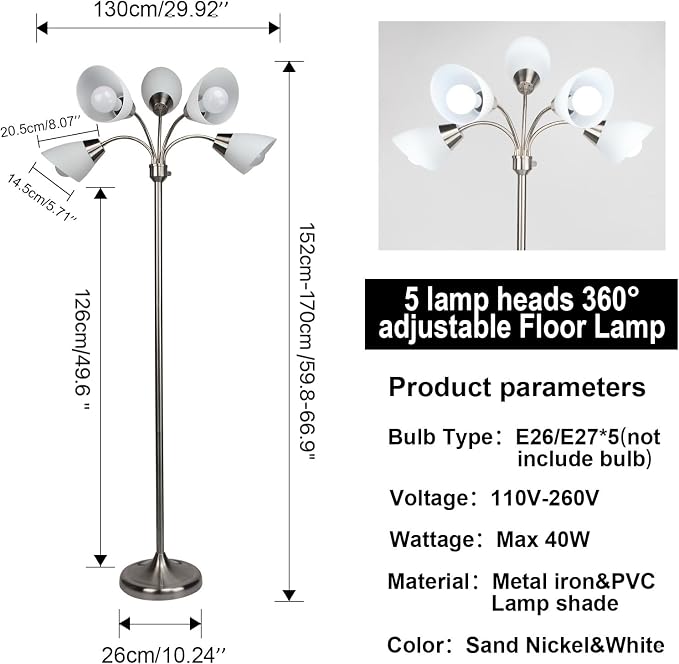 FIRVRE Multi Arm Floor Lamp Standing Lamp, Reading Floor Light with Adjustable Arms 5 Head PVC Lampshade,Sand Nickel Modern Tall Metal Lamps,Floor Lamp for Living Room, Bedroom,Dining Room