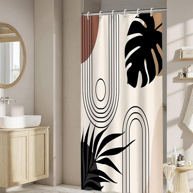 Modern Bohemia Bathroom Curtain Beige Abstract Minimalist Bathroom Decor Set Stripes Arch Sun Palm Leaves Chic Aesthetic Washable Waterproof Polyester Fabric with Hooks 36x72 Inch