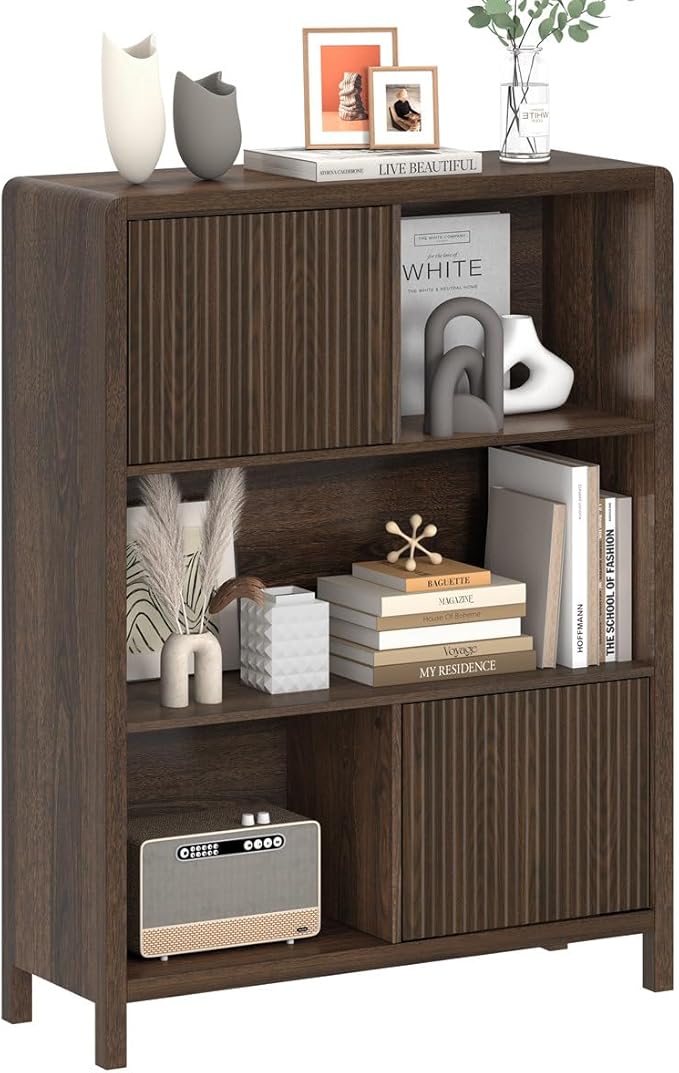 FATORRI Cube Bookshelf with 2 Doors, 4 Tier Wooden Bookcase, 5 Cube Storage Organizer for Home Office (Dark Walnut)