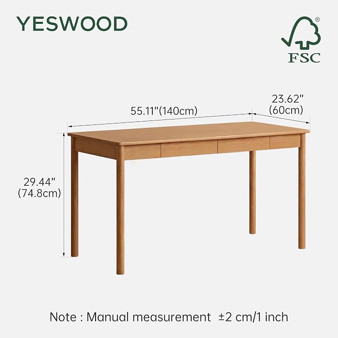 YESWOOD 100% Solid Wood Desk, Mid Century Modern Computer Desk, Home Office Writing Desk with Drawers for Study Living Room Natural Wood Color(55.11" W)