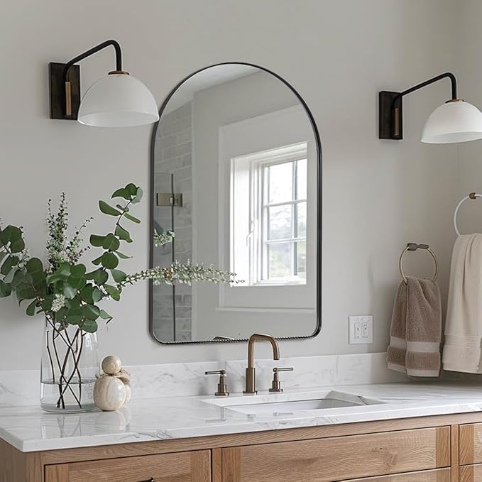 ANDY STAR Arched Mirror, 20 x 28 Inch Black Wall Mirror in Stainless Steel Metal Frame, Arch Top Rounded Corner 1 Inch Deep Set Design Wall Mount Hangs Vertical