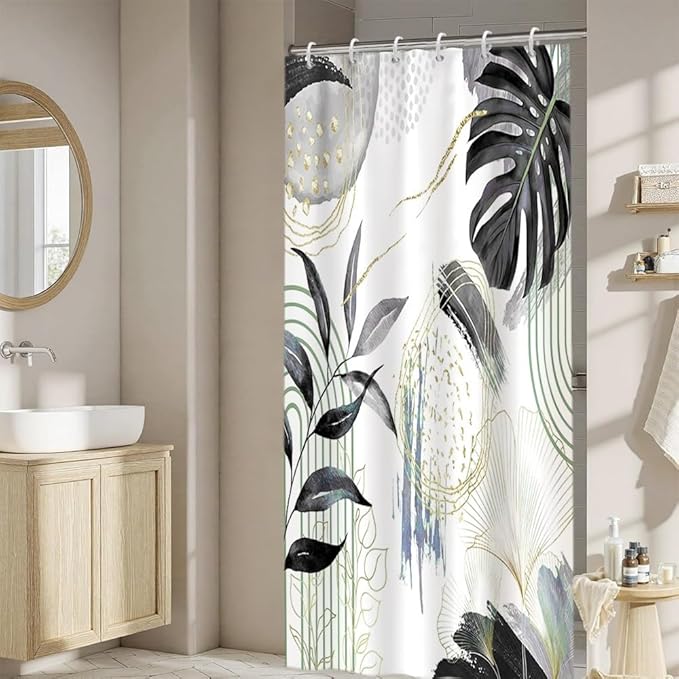Mid Century Boho Shower Curtain Gray Tropical Palm Leaf Retro Abstract Minimalist Aesthetic Bathroom Decor Watercolor Plant Bathtub Curtains Washable Waterproof Polyester Fabric with Hooks 36x72 Inch