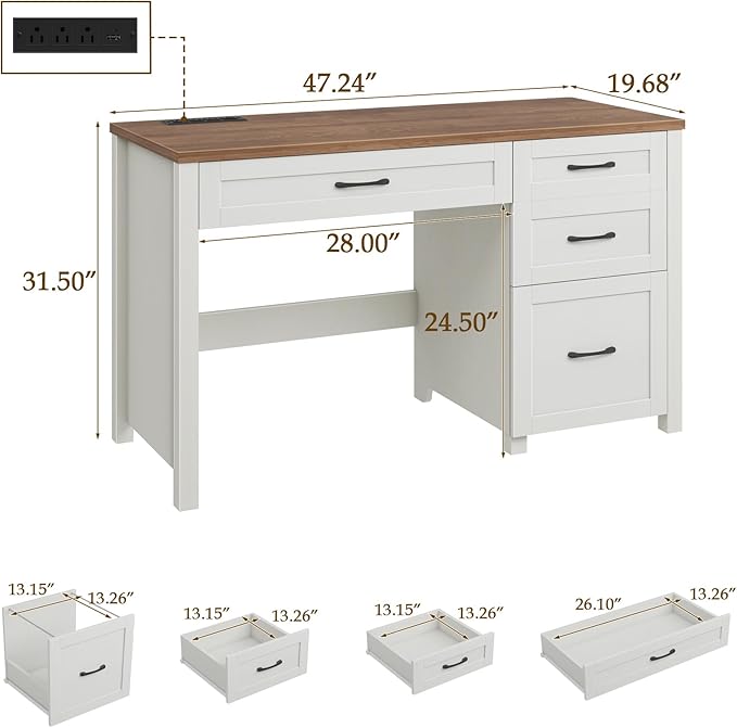 Vabches Farmhouse 47" Executive Desk, Computer Desk with File Drawer and Charging Station, Workstation for Home Office & Study, Unique White