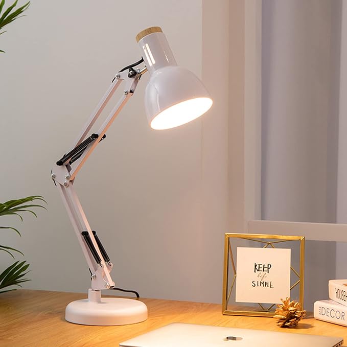 LED Desk Lamp Swing Arm Metal Table Lamp, Adjustable Architect Lamp for Home Bedroom Study Office, E27 Base Bulbs Not Included,White