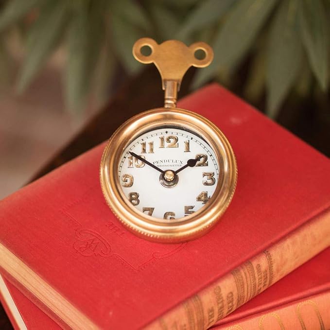 MY SWANKY HOME Retro Brass Pocket Watch Table Clock | Desk Vintage Antique Style Shelf Wind Key Small Gold