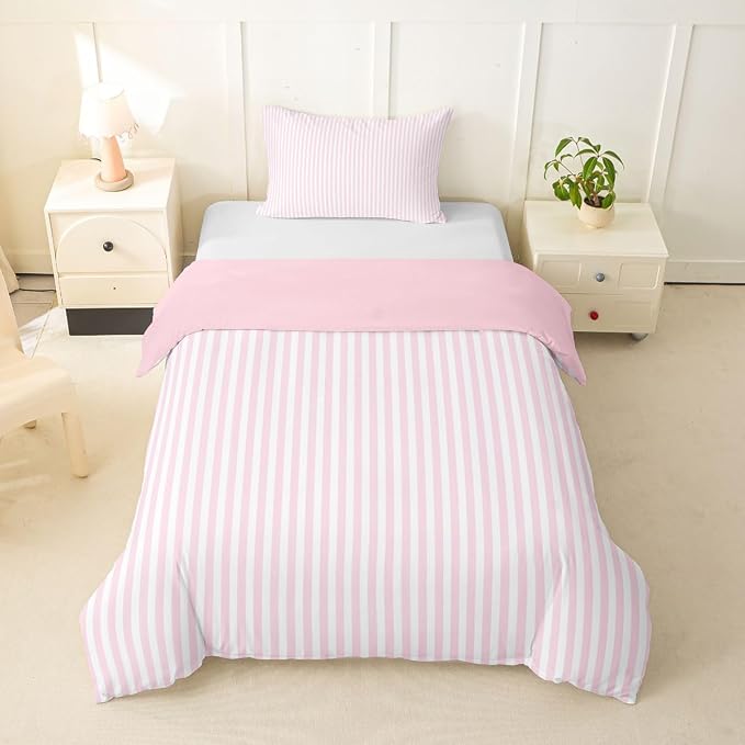 Erosebridal Pink White Stripe Bedding Set Twin Geometric Striped Duvet Cover for Kids Teens Farmhouse Ticking Stripes Comforter Cover Horizontal Stripes Modern Abstract Bed Set with Zipper